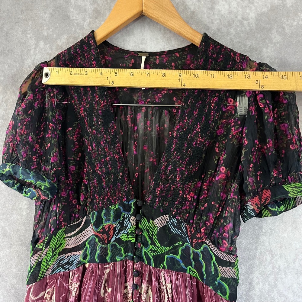 Free People Midi Dress Women XS Plum Black Floral Mixed Print Boho V-Neck Hippie - Picture 5 of 11